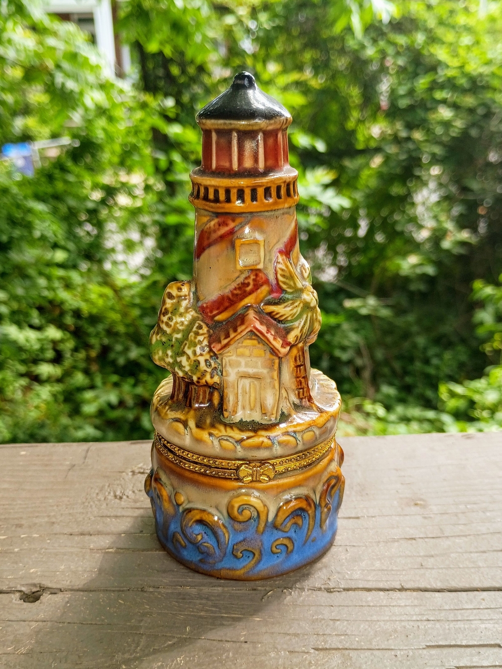 Hand-Painted Lighthouse Trinket Box – Blue and Gold